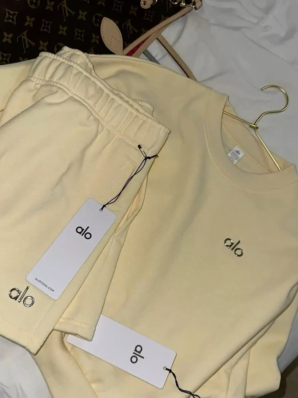 ALO Yoga Kids Cream Pajama Set with Gold Logo Accents